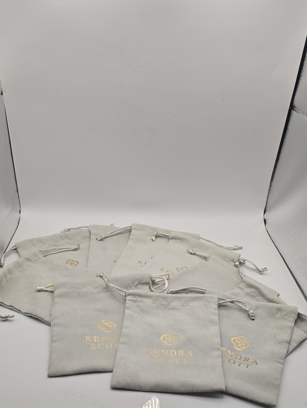 ​Kendra Scott Grey Suede Jewelry Dust Bag Lot of 7 Drawstring Pouch Gold Logo